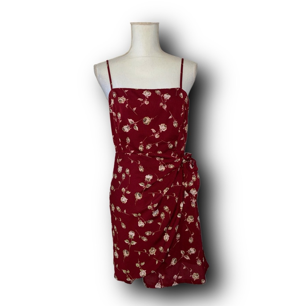 Anthropologie Entro Red Floral Side Tie Faux Wrap Summer Sun Dress